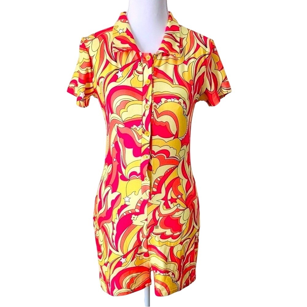 Neon Romper 70s Psychedelic Retro Soft Cozy Colorful Shorts Lounge Size S